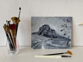 Obraz krajiny "Bořeň v černobílém provedení" 30 × 24 cm