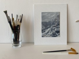 Ručně malovaný miniaturní obraz "Louka pod sněhem" 13 × 18,2 cm