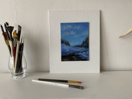 Ručně malovaná krajina olejem "Modrá zima" 13,2 × 18 cm