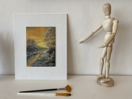 Ručně malovaná miniaturní olejomalba "Pod sněhem" 13 × 18 cm
