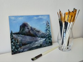Obraz krajiny olejem "Zimní Bořeň" 24 × 18 cm