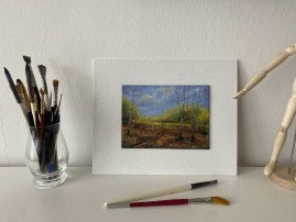 Miniaturní olejomalba krajiny "Podzimní břízy miniatura" 18 × 13,2 cm