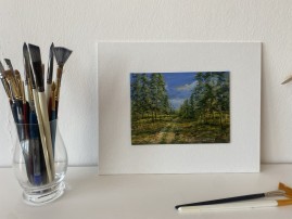 Miniaturní obraz malovaný olejem "Borovicový les" 18 × 13 cm