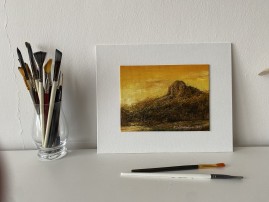 Ručně malovaný obraz na zeď "Západ slunce pod Bořní" 19,5 × 14,5 cm