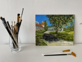 Obraz městské krajiny malovaný olejem "U bílinského zámku" 30 × 24 cm