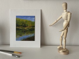 Obraz krajiny olejem "Jarní břeh u rybníka" 14,5 × 19,5 cm