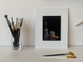 Ručně malovaný obraz zátiší "Káva a sušenky" 13,2 × 18 cm