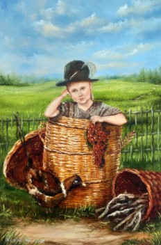 Žánrový portrét olejem "V košíku" 40 × 59 cm