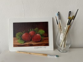 Realistická olejomalba "Jahody", 18 × 13 cm
