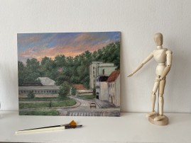 Ručně malovaná krajina olejem "Svítání v Bílině" 42 × 34 cm