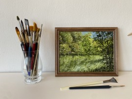 Impresionistická miniaturní obraz krajiny "Lesní jezírko" 24 × 18 cm