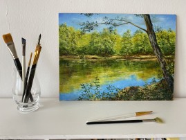 Ručně malovaná obraz krajiny "Rybník v Bílině" 39 × 29 cm