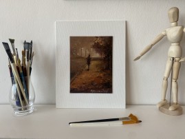 Miniaturní olejomalba s paspartu "Ranní cesta" 14,5 × 19,5 cm