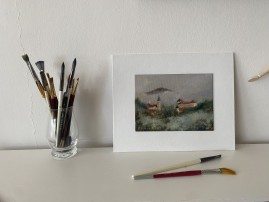 Miniaturní obraz na plátně "Bílina ve mlze" 19 × 14 cm