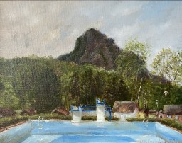 Ručně malovaný obraz olejem "Plenér na koupaliště" 30 × 24 cm