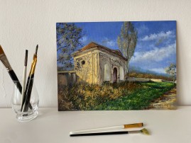 Ručně malovaný obraz olejem na plátně "Opuštěna kaplička" 39 × 29 cm