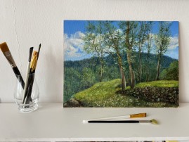 Ručně malovaný obraz olejem "Bořeňská zahrada po dešti" 39 × 29 cm