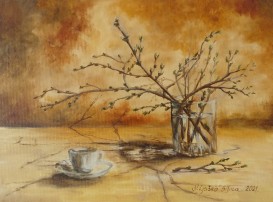 Zarámovaný obraz olejem "Jarní zátiší s větvičky" 39 × 29 cm
