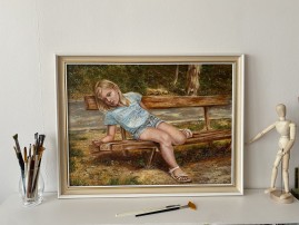 Ručně malovaný žánrový obraz "Unavená modelka", autorská replika 58 × 43 cm