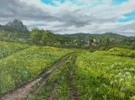Ručně malovaný obraz krajiny "Pohled na Bílinu" 39 × 29 cm
