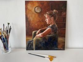 Klasický portrét olejem "Večerní hodiny" 34 × 42 cm