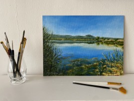 Obraz krajiny olejem "V létě u jezera" 39 × 29 cm