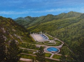 Obraz krajiny malovaný olejovými barvami "Medeo" 52 × 39 cm