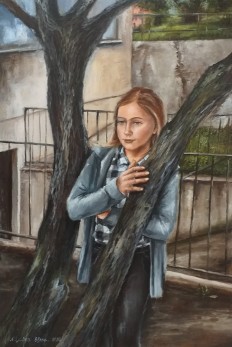Žánrový obraz olejem na plátně "Smutná dívenka" 39 × 59 cm