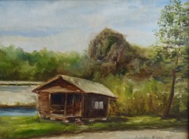 Zarámovaný obraz olejem "Chatka pod Bořenem" 39 × 29 cm