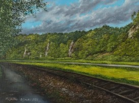 Ručně malovaný obraz venkovské krajiny "U trati" 39 × 29 cm