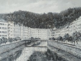 Zarámovaný obraz olejem "Karlovy Vary, černobílý" 52 × 39 cm