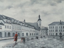Ručně malovaný obraz olejem "Bílinské náměstí" 52 × 39 cm.