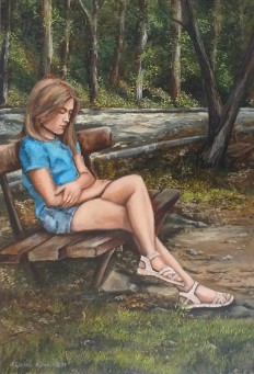 Portrét malovaný olejem na plátně "Na lavičce" 40 × 59 cm