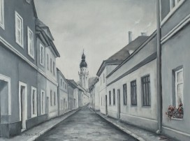 Ručně malovaný obraz městské krajiny "Pohled na radnici" 52 × 39 cm