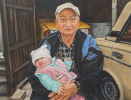 Žánrový portrét na plátně "Děda s vnučkou" 52 × 39 cm