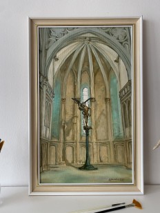 Interiérový obraz olejem "Socha v kostele" 35 × 52 cm