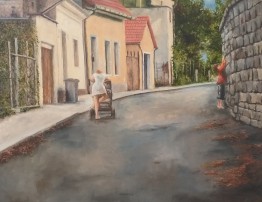 Ručně malovaný obraz olejem "Bílinské uličky" 52 × 39 cm