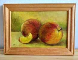 Obraz malovaný olejem na plátně "Zátiší s broskví" 15 × 10 cm