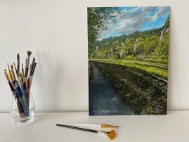 Obraz krajiny olejem "U trati", autorská replika 29 × 39 cm