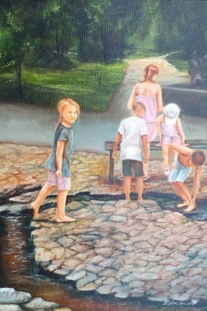 Žánrový portrét malovaný olejem na plátně "Letní zábava" 40 × 59 cm.