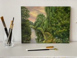 Ručně malovaná krajina olejem "Červánky nad Bílinou" 40 × 30 cm