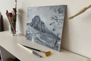 Obraz krajiny "Bořeň v černobílém provedení" 30 × 24 cm