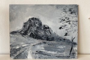 Obraz krajiny "Bořeň v černobílém provedení" 30 × 24 cm