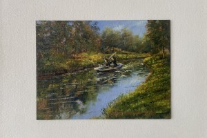 Miniaturní žánrový obraz "Závod Bílina plná lodí" 19 × 14 cm