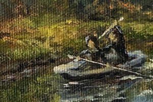 Miniaturní žánrový obraz "Závod Bílina plná lodí" 19 × 14 cm
