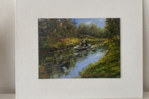 Miniaturní žánrový obraz "Závod Bílina plná lodí" 19 × 14 cm