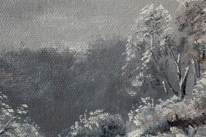 Ručně malovaný miniaturní obraz "Louka pod sněhem" 13 × 18,2 cm