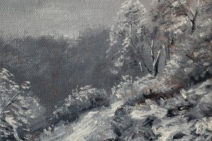 Ručně malovaný miniaturní obraz "Louka pod sněhem" 13 × 18,2 cm