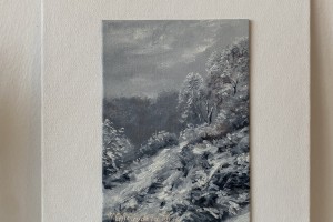 Ručně malovaný miniaturní obraz "Louka pod sněhem" 13 × 18,2 cm