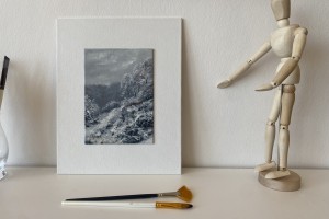 Ručně malovaný miniaturní obraz "Louka pod sněhem" 13 × 18,2 cm